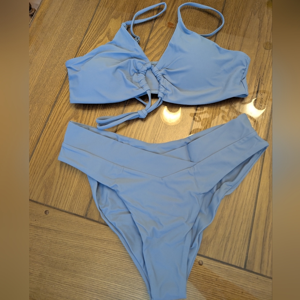 Meetall Women's High Cut String Triangle Bikini Set Swimsuits Blue Size M…